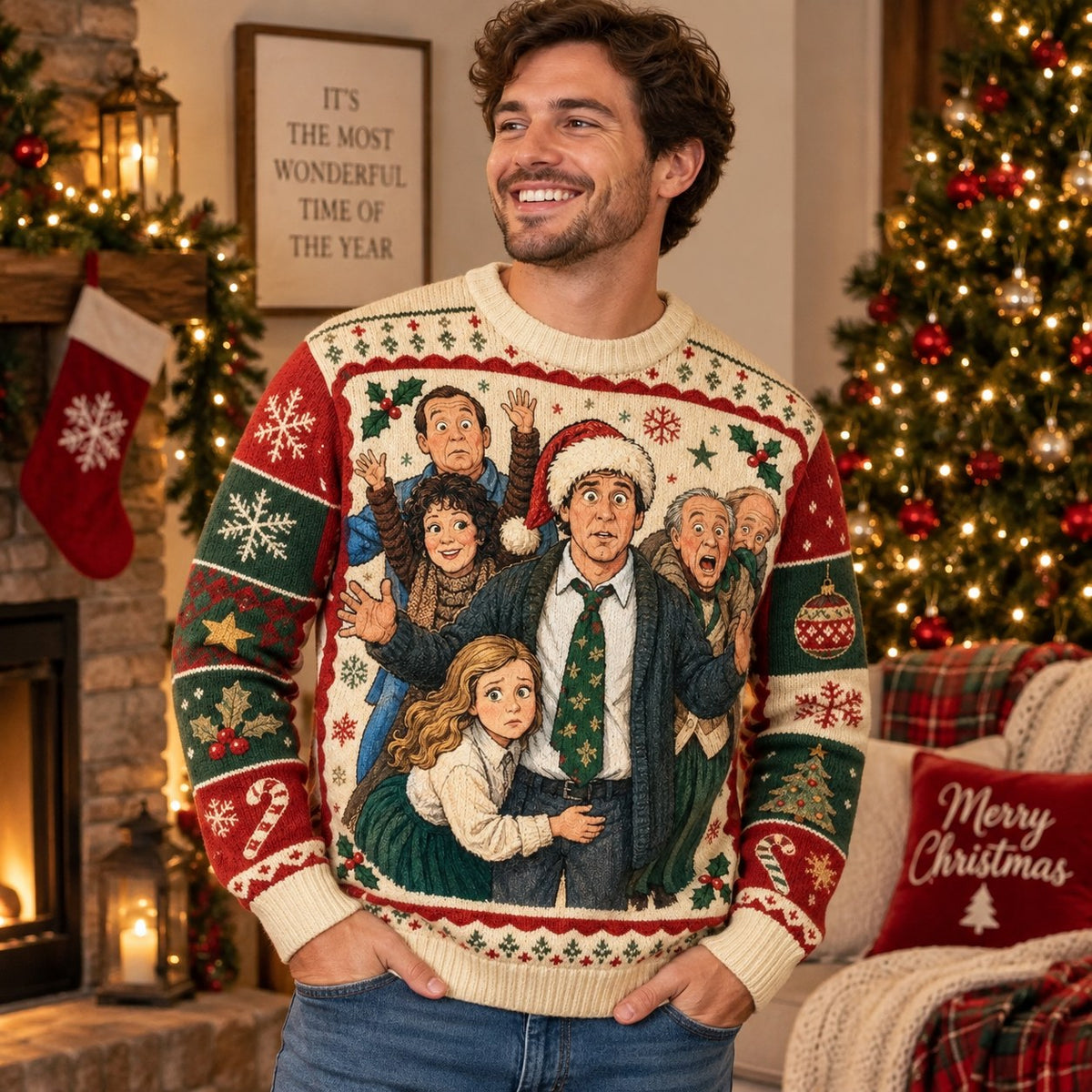 front view of an all over print griswold family christmas sweater with