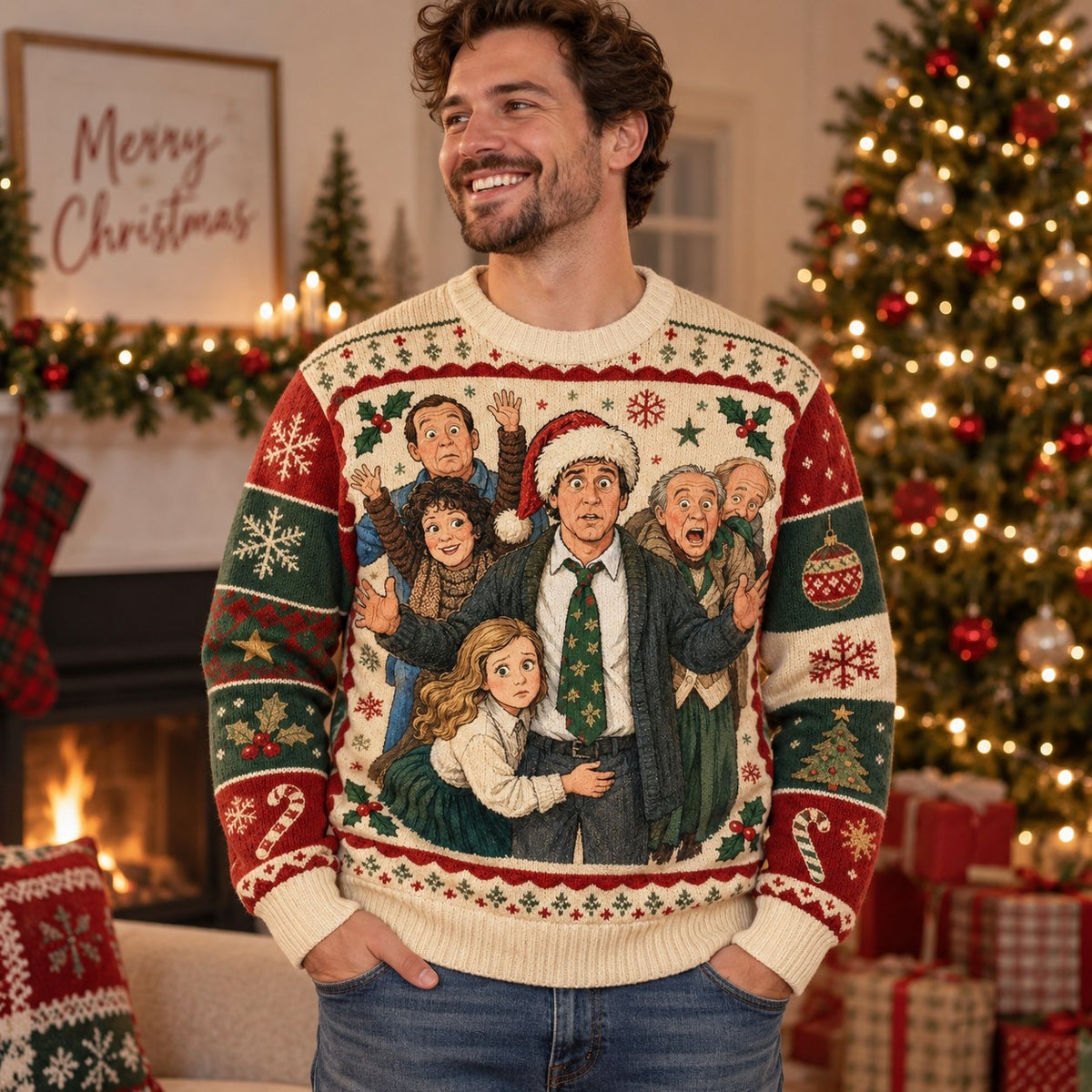 side angle of a clark griswold ugly christmas sweater showing the full