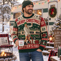 man wearing clark griswold shitter's full ugly christmas sweater outdoors by rv