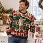 smiling man in clark griswold shitter's full holiday sweater holding coffee mug