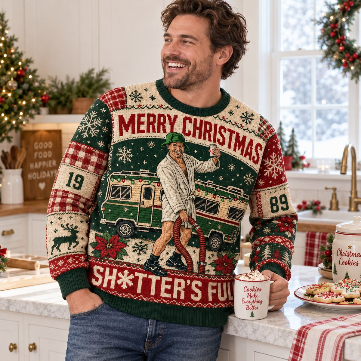smiling man in clark griswold shitter's full holiday sweater holding coffee mug