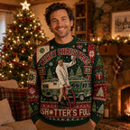 man wearing a clark griswold merry christmas ugly christmas sweater next to