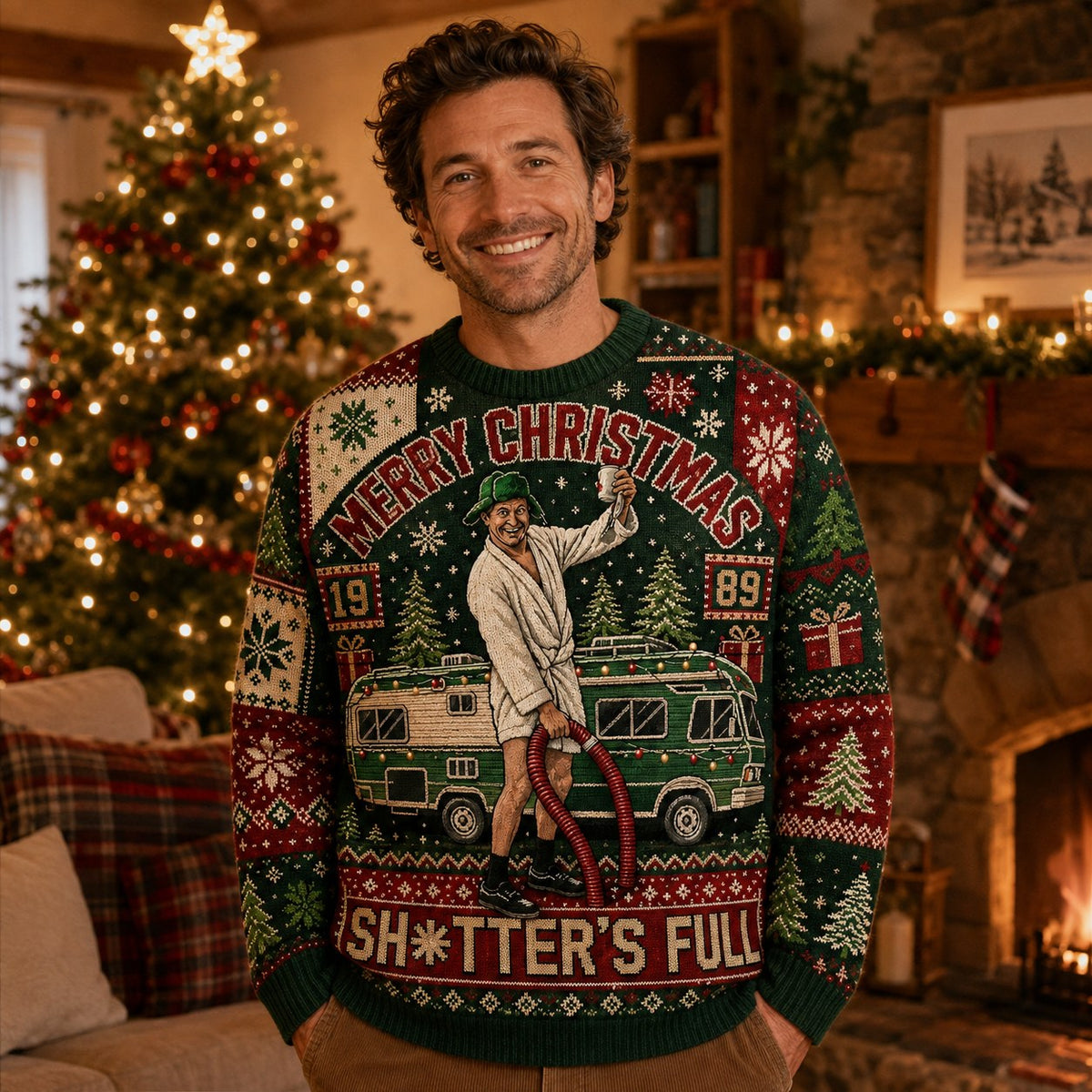 man wearing a clark griswold merry christmas ugly christmas sweater next to