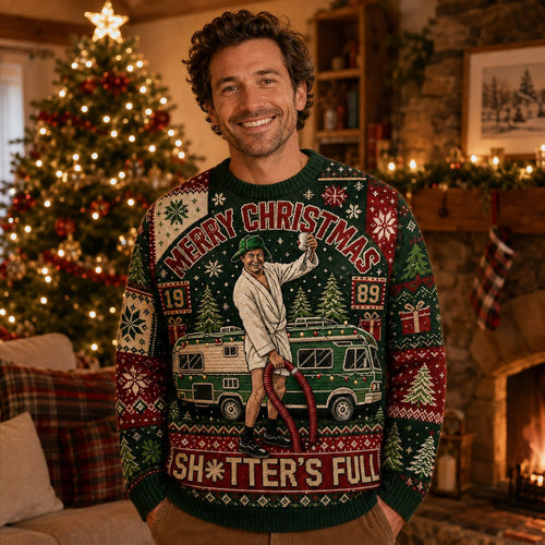 man wearing a clark griswold merry christmas ugly christmas sweater next to
