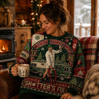 woman wearing a christmas vacation 1989 holiday sweater with the sh*tter's full