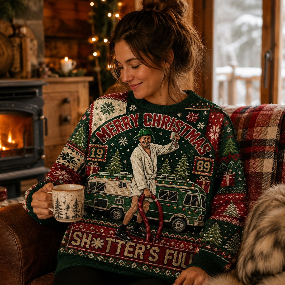woman wearing a christmas vacation 1989 holiday sweater with the sh*tter's full