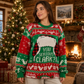front view of a red and green ugly christmas sweater with clark