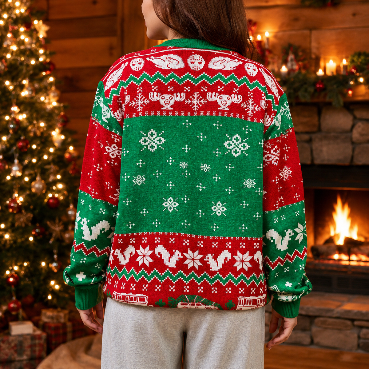 back view of a clark griswold christmas vacation sweater showing the green