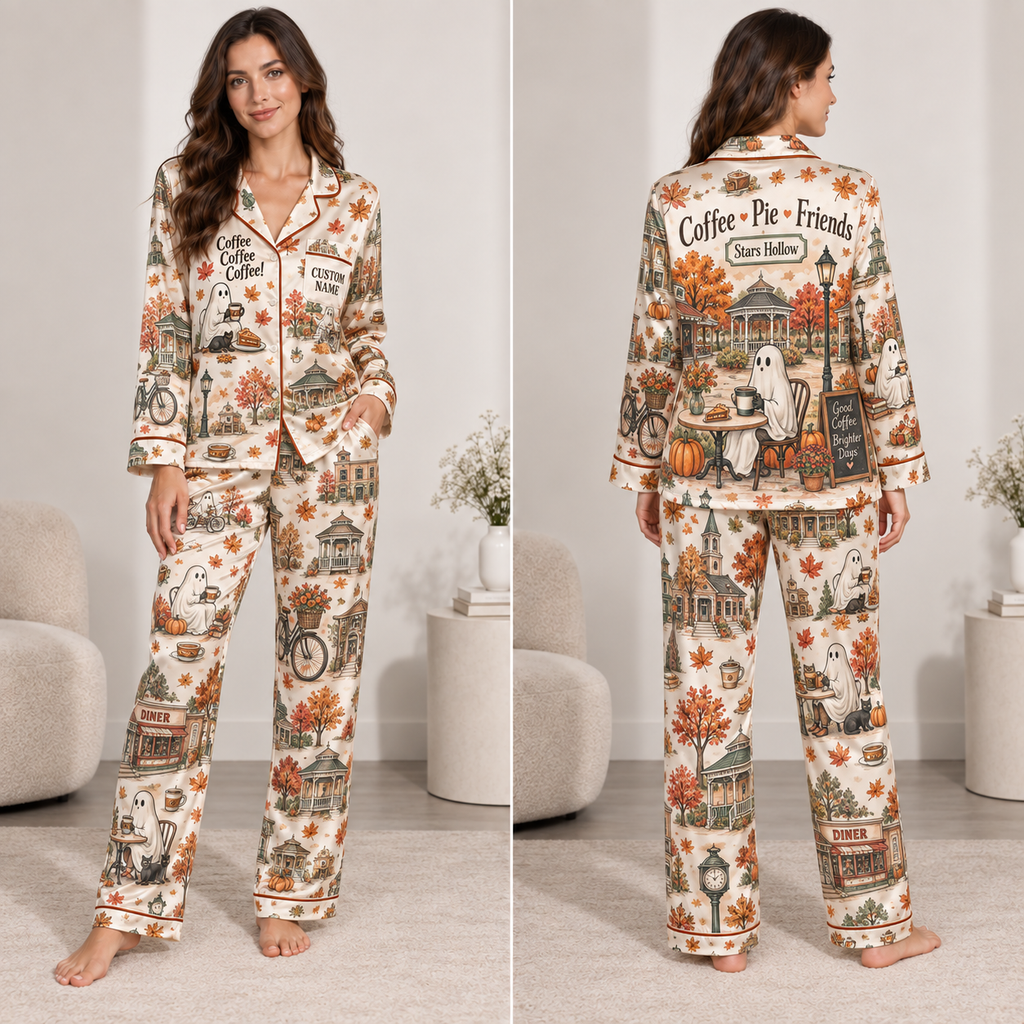 satin pajama set featuring a coffee themed halloween design with a ghost
