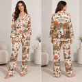 satin pajama set featuring a coffee themed halloween design with a ghost