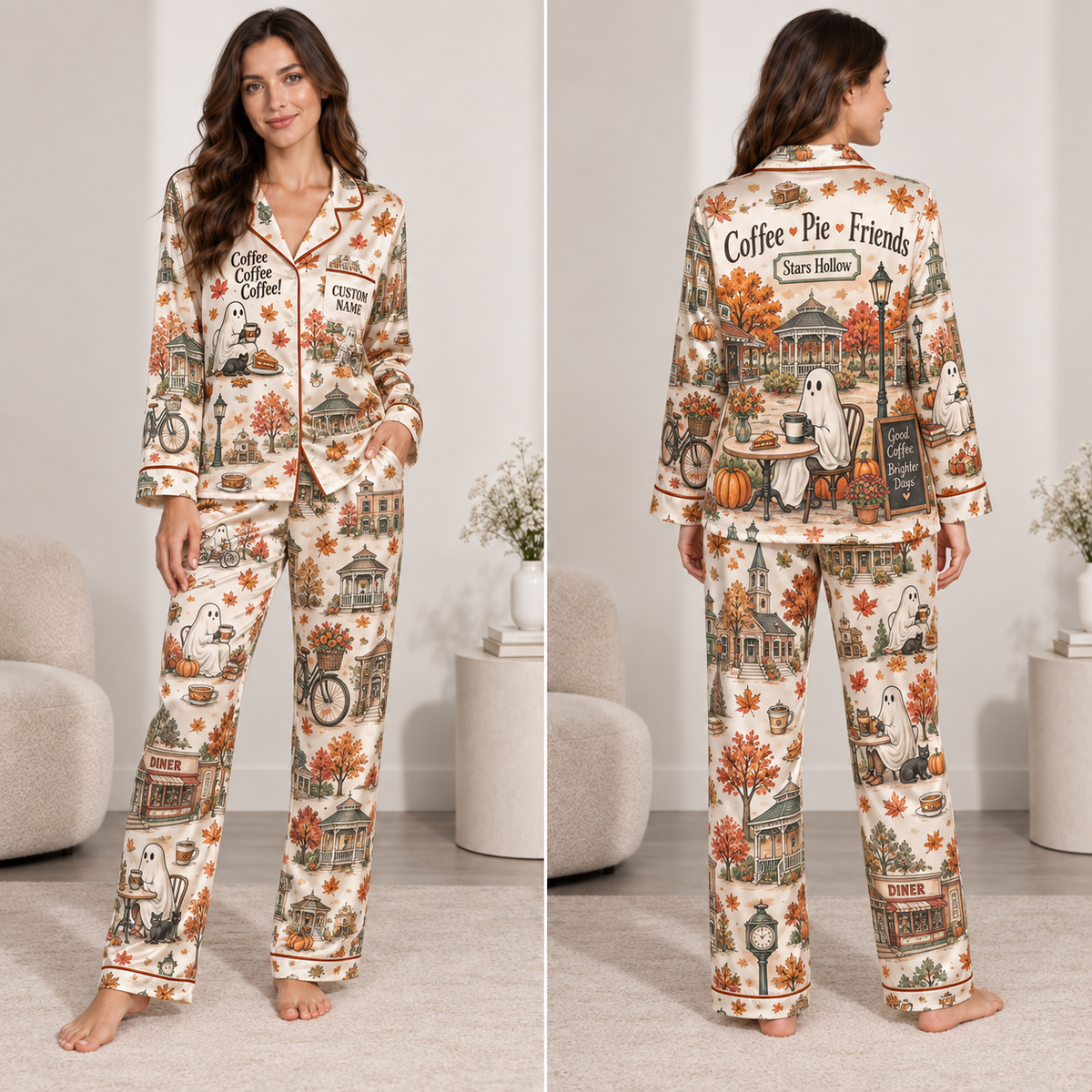 satin pajama set featuring a coffee themed halloween design with a ghost