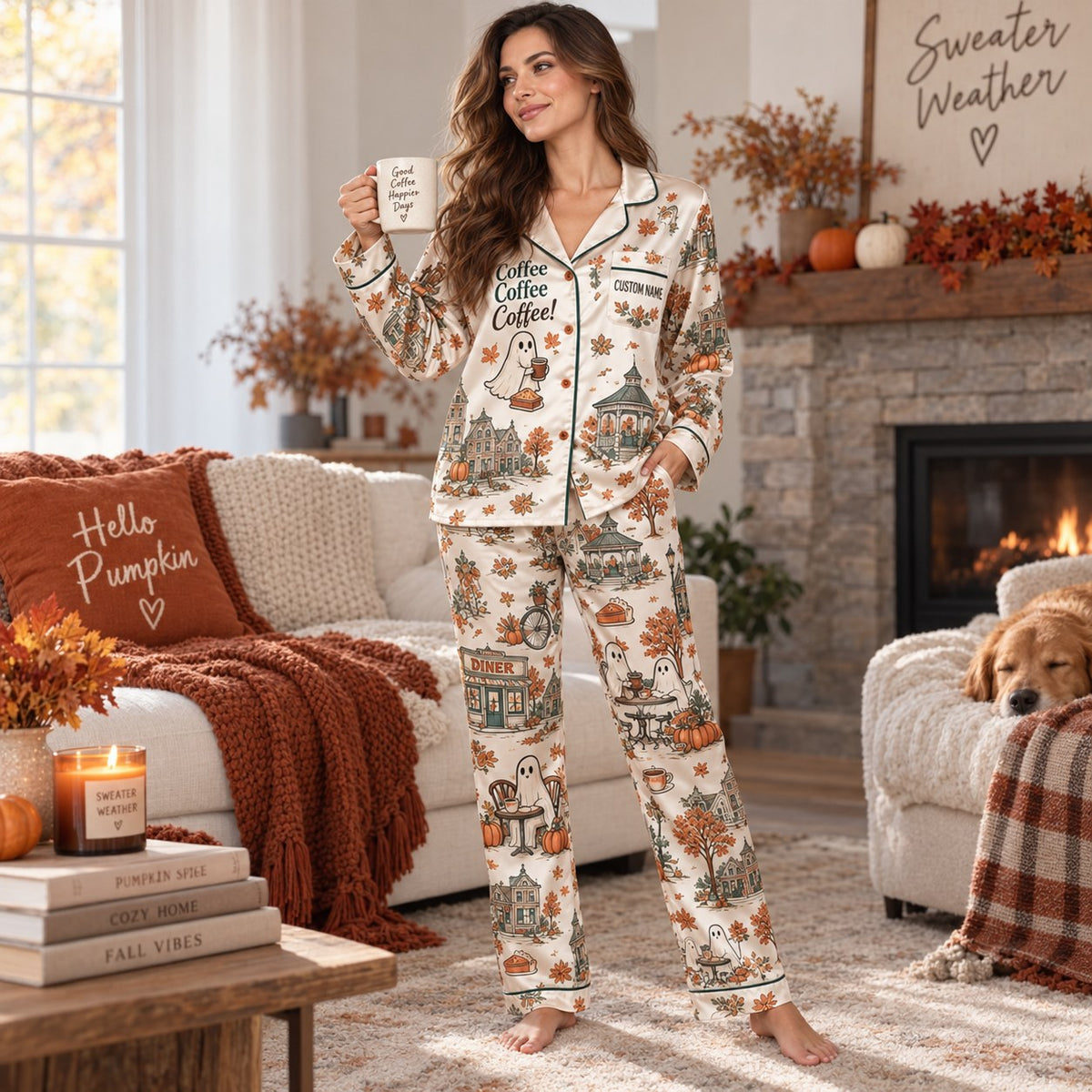 back of the satin pajama set showing Coffee Pie Friends Small Town