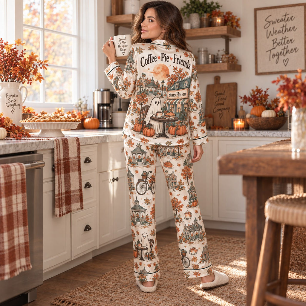 woman reading in bed wearing the fall town satin pajama set