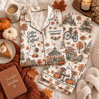 cream fall small-town satin pajamas flat lay with a custom name on the chest