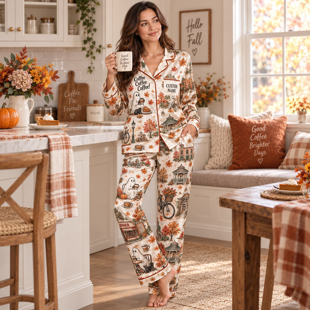 back view of a long sleeve button up satin pajama set covered