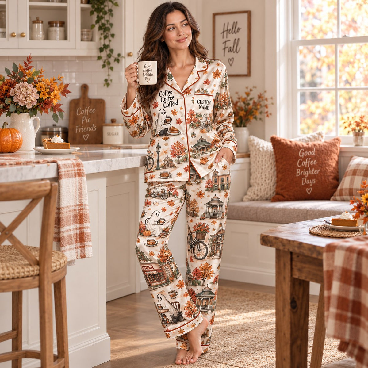 back view of a long sleeve button up satin pajama set covered