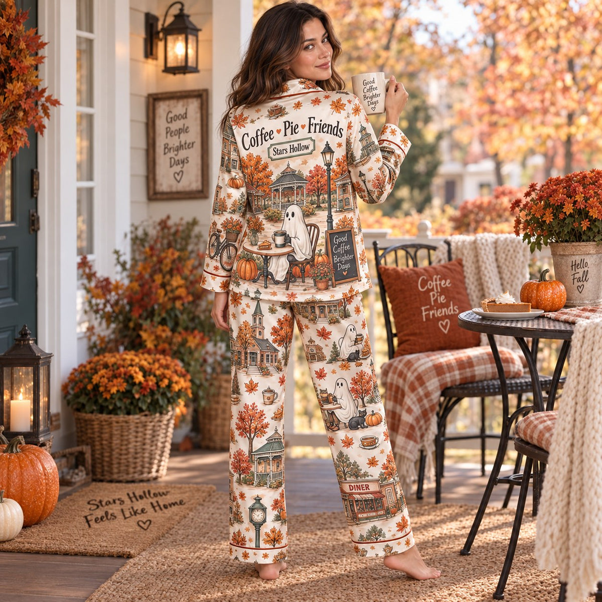back of a coffee pie friends halloween pajama set shown