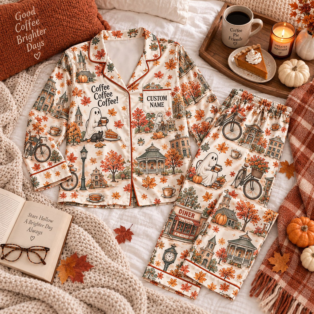 flat lay autumn small-town ghost satin pajamas with a custom name on the chest