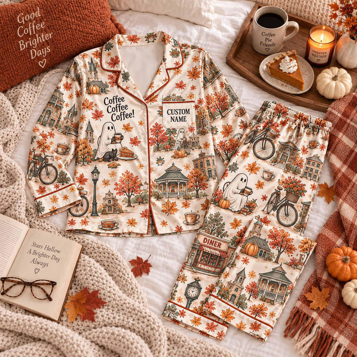 flat lay autumn small-town ghost satin pajamas with a custom name on the chest