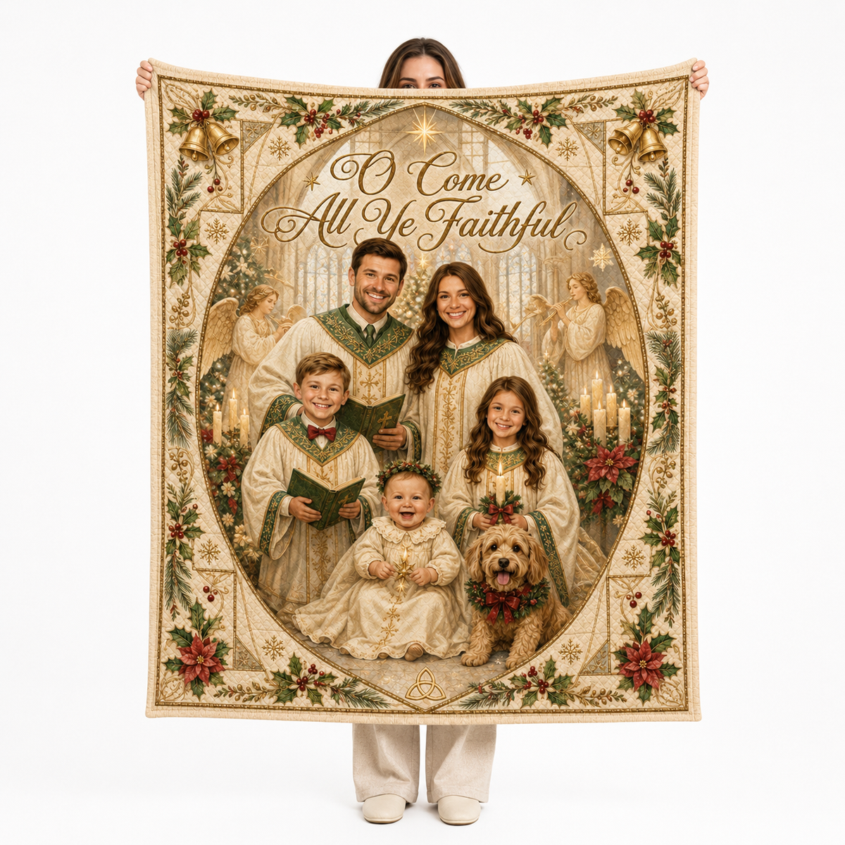 family in christmas choir robes photo blanket held up