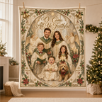 family christmas photo blanket displayed on living room couch