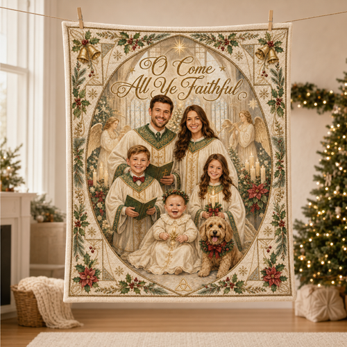 family christmas photo blanket displayed on living room couch