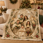 family choir photo blanket draped over couch by christmas tree