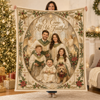 family christmas photo blanket held up with decorated tree behind