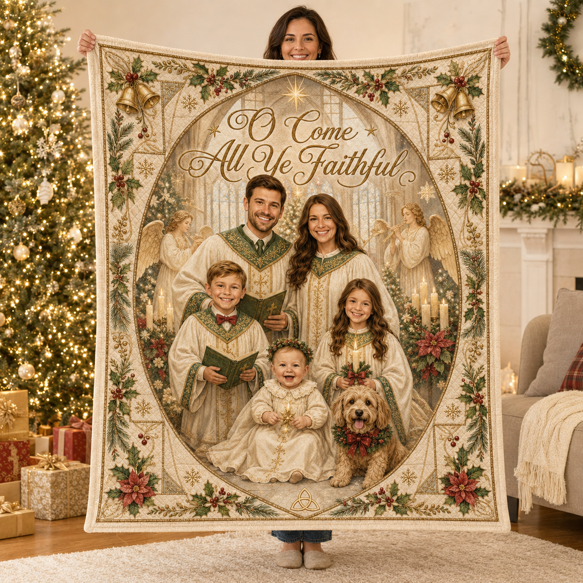 family christmas photo blanket held up with decorated tree behind