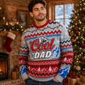man wearing a cool dad ugly christmas sweater with mountain and string