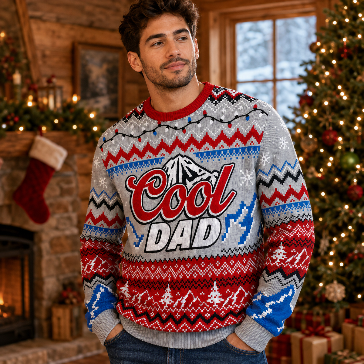 man wearing a cool dad ugly christmas sweater with mountain and string