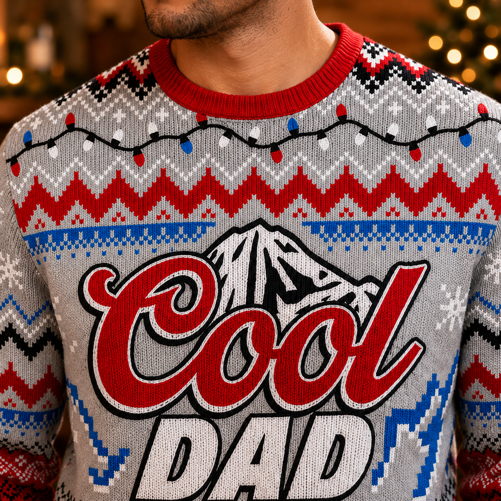close up of the cool dad ugly christmas sweater showing the mountain