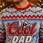 close up of the cool dad ugly christmas sweater showing the mountain