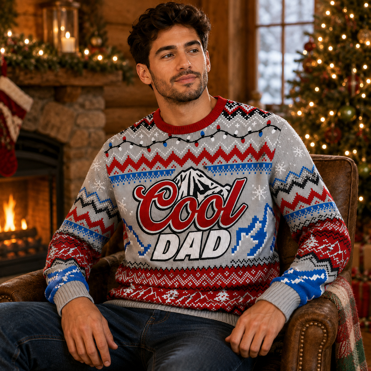 man sitting in a leather chair wearing the cool dad knitted ugly