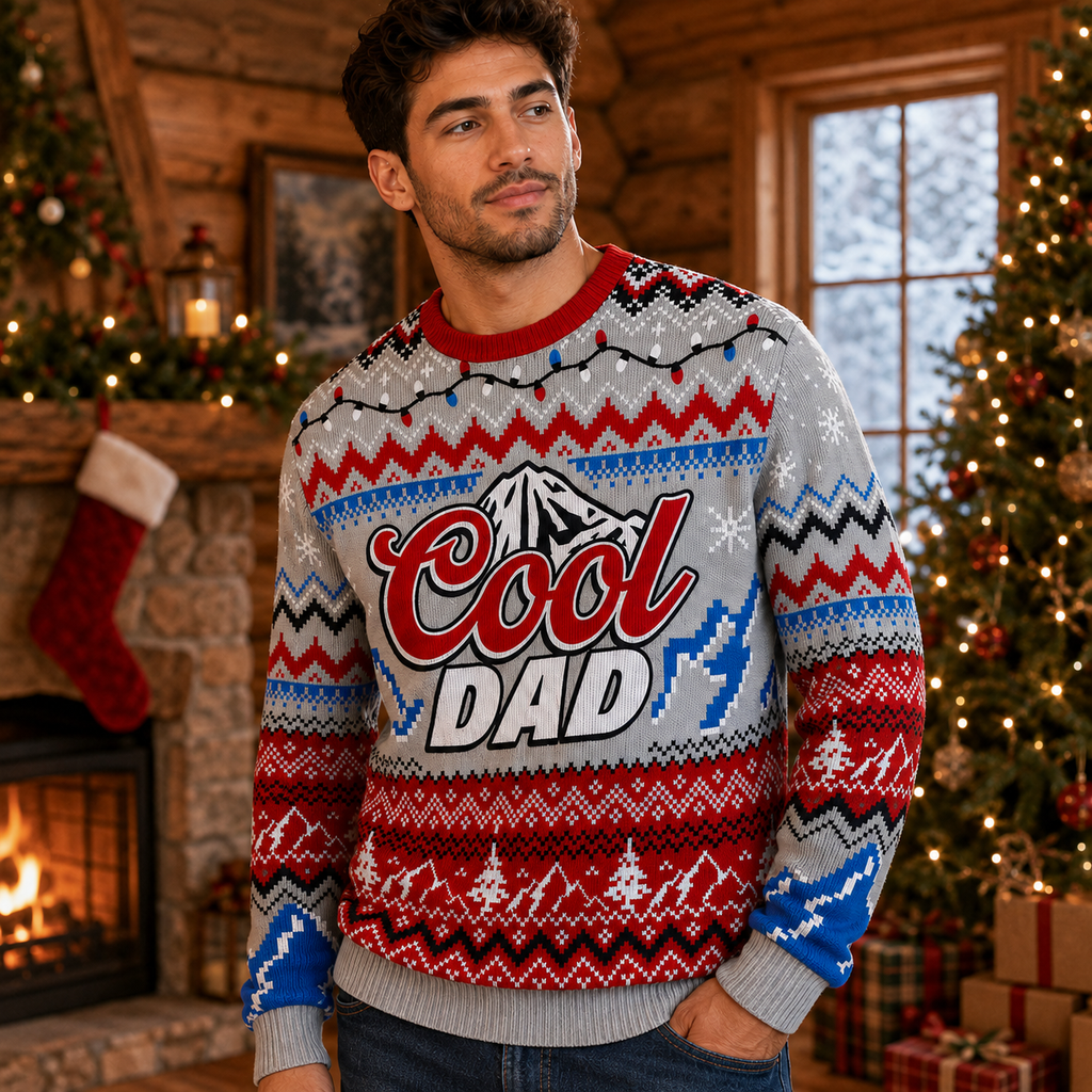 Cool Dad Ugly Christmas Sweater, Knit Christmas Sweater With Lights And Mountain, Funny Xmas Jumper Gifts For Dad