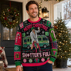 man wearing a cousin eddie ugly christmas sweater in front of a