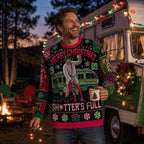 man holding a mug wearing a cousin eddie ugly christmas sweater near