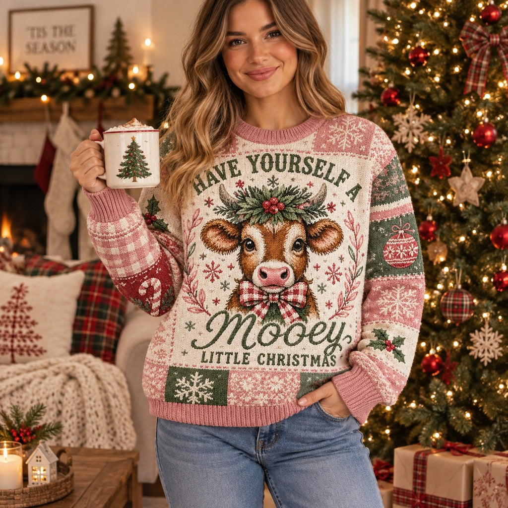 ugly christmas sweater with cow wearing christmas wreath and mooey little christmas