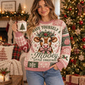 ugly christmas sweater with cow wearing christmas wreath and mooey little christmas