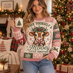 ugly christmas sweater with cow wearing christmas wreath and mooey little christmas