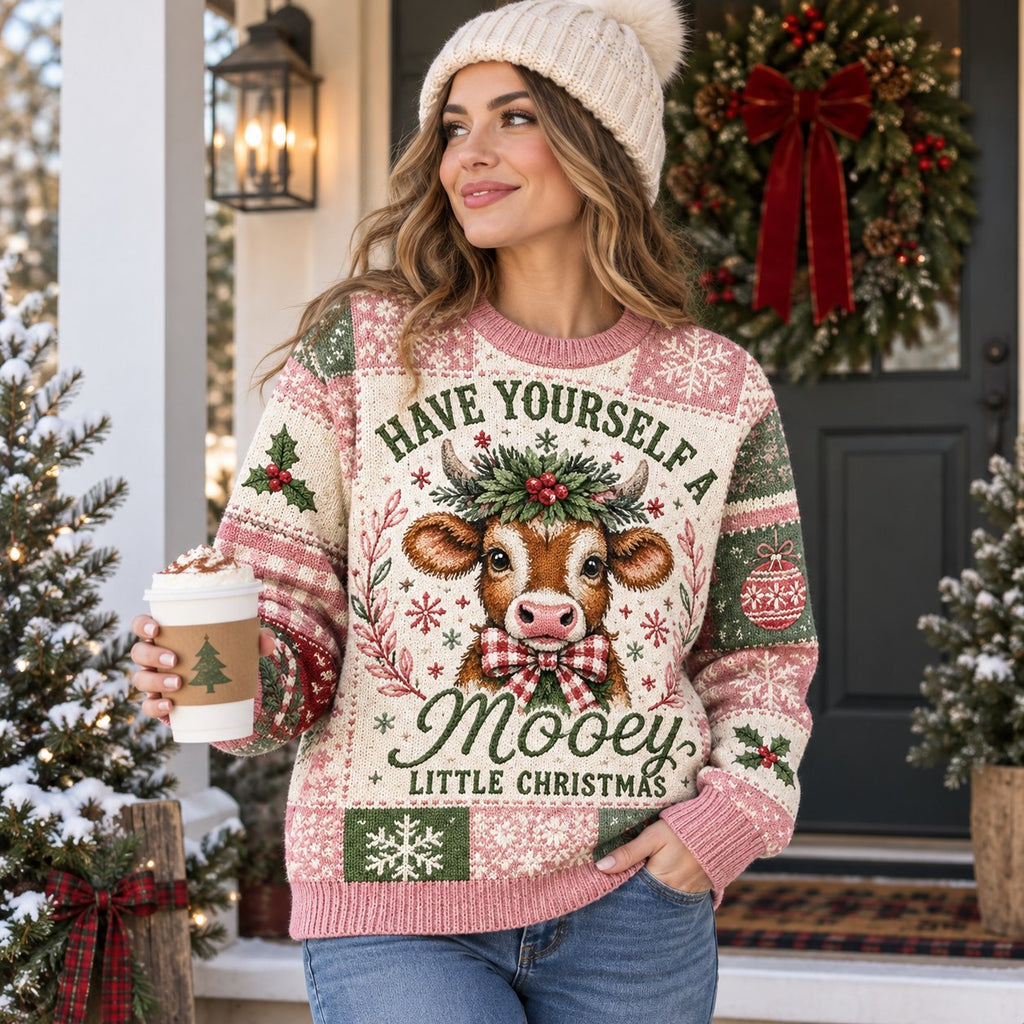 woman wearing cow themed holiday sweater holding a christmas tree mug by