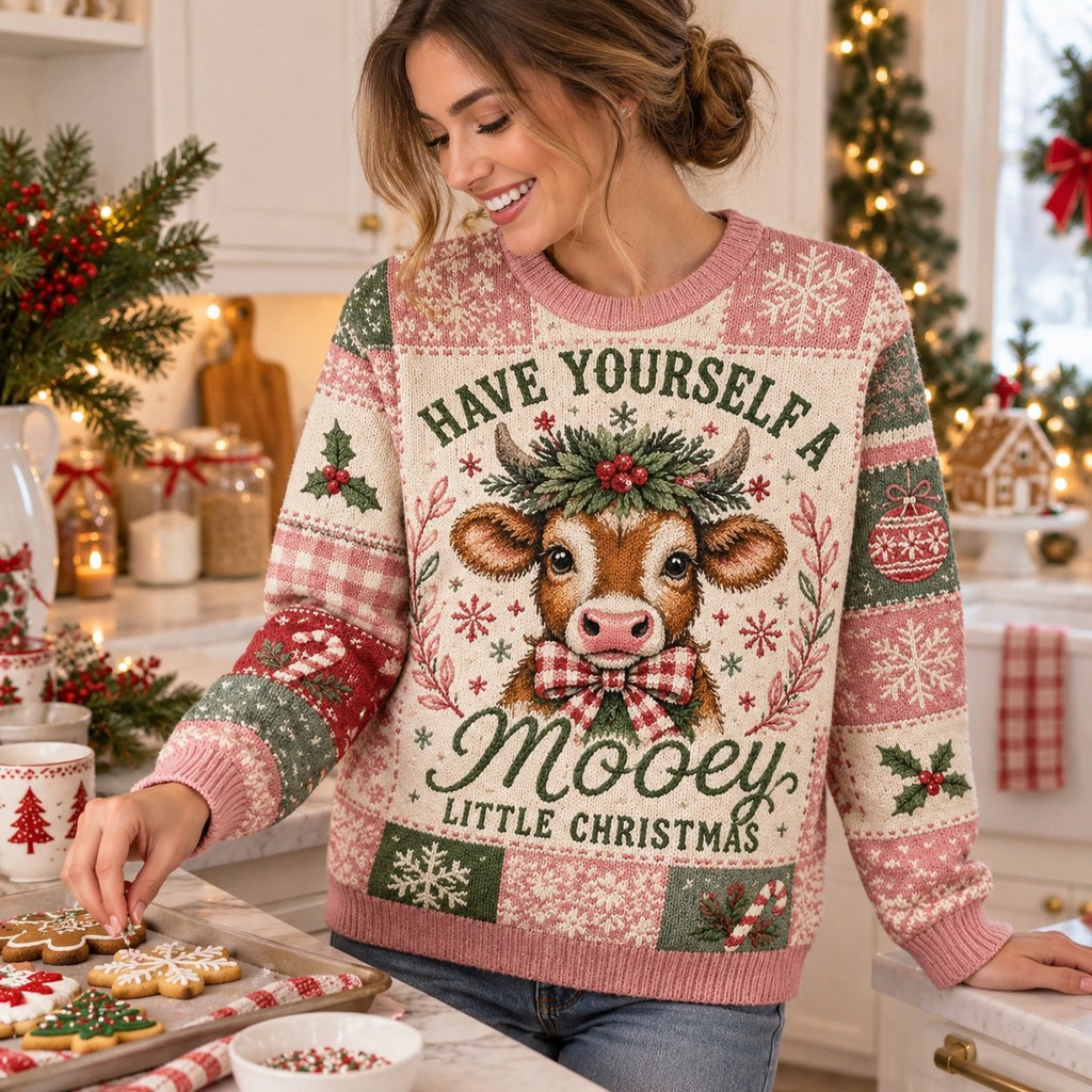 woman decorating sugar cookies while wearing cow christmas sweater in cozy kitchen