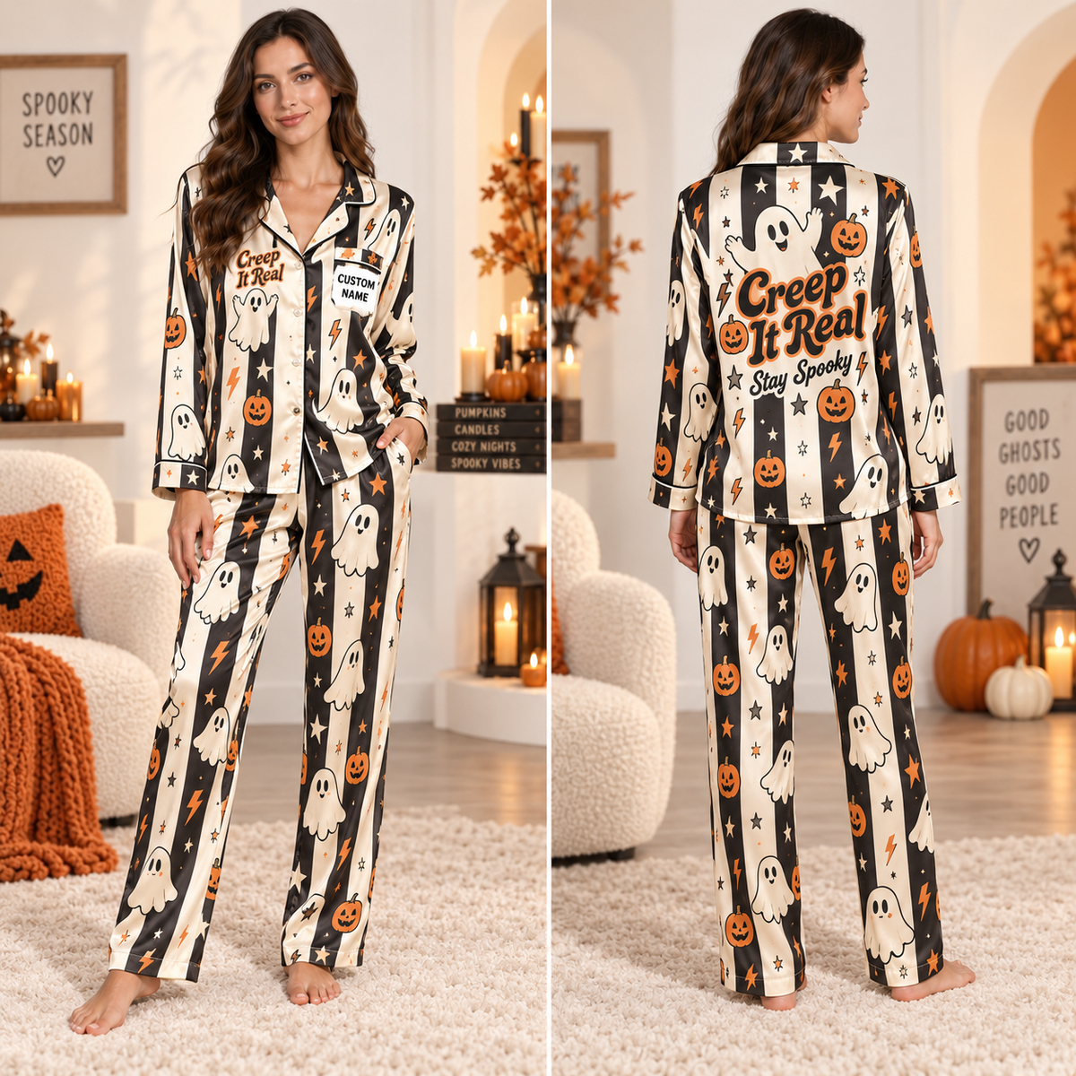 halloween satin pajamas with ghost pumpkin stripe print and custom name
