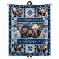 custom family photo blanket with snowflake border and believe text