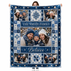 custom family photo blanket with snowflake border and believe text