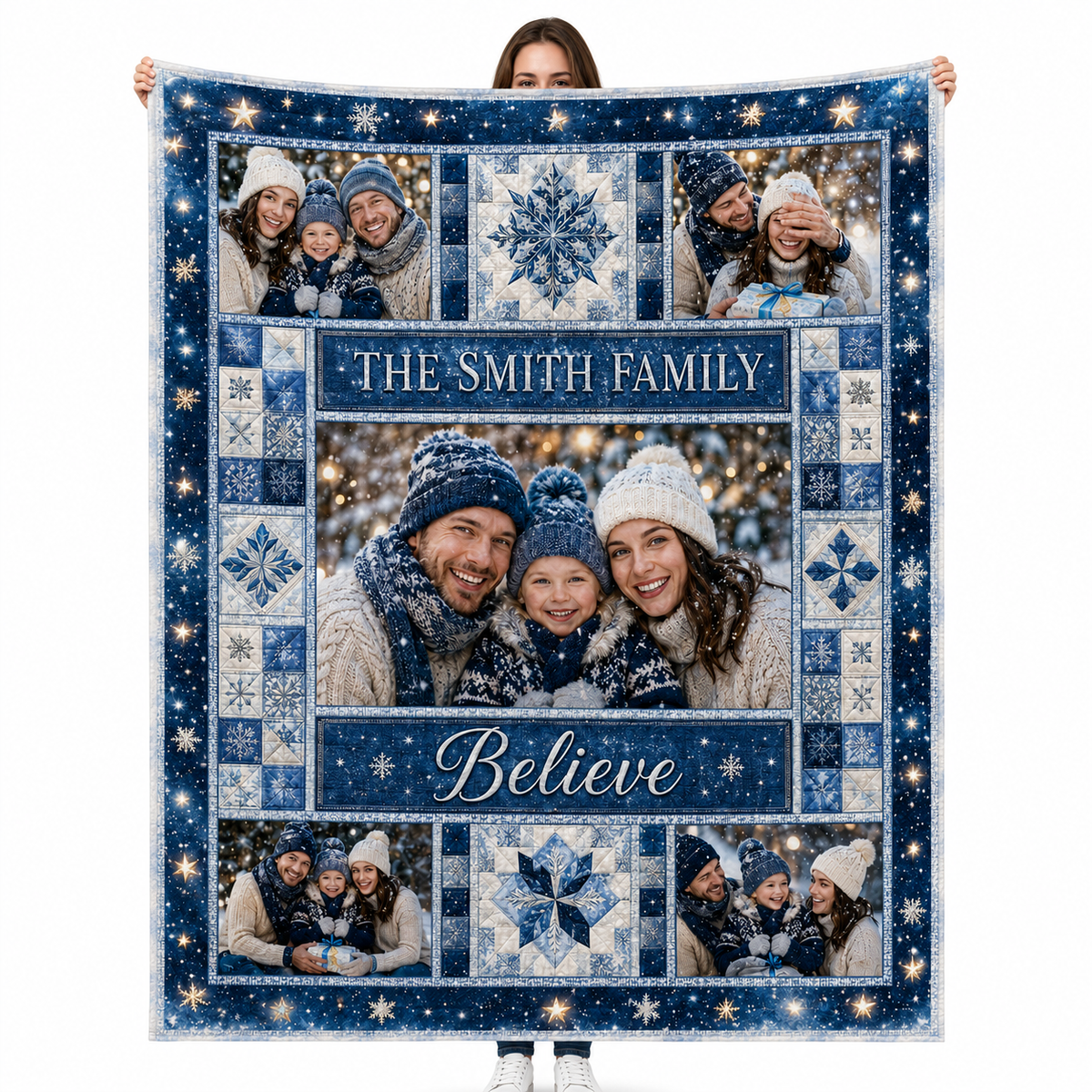 custom family photo blanket with snowflake border and believe text