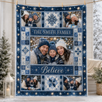 blue personalized family portrait blanket displayed on a porch