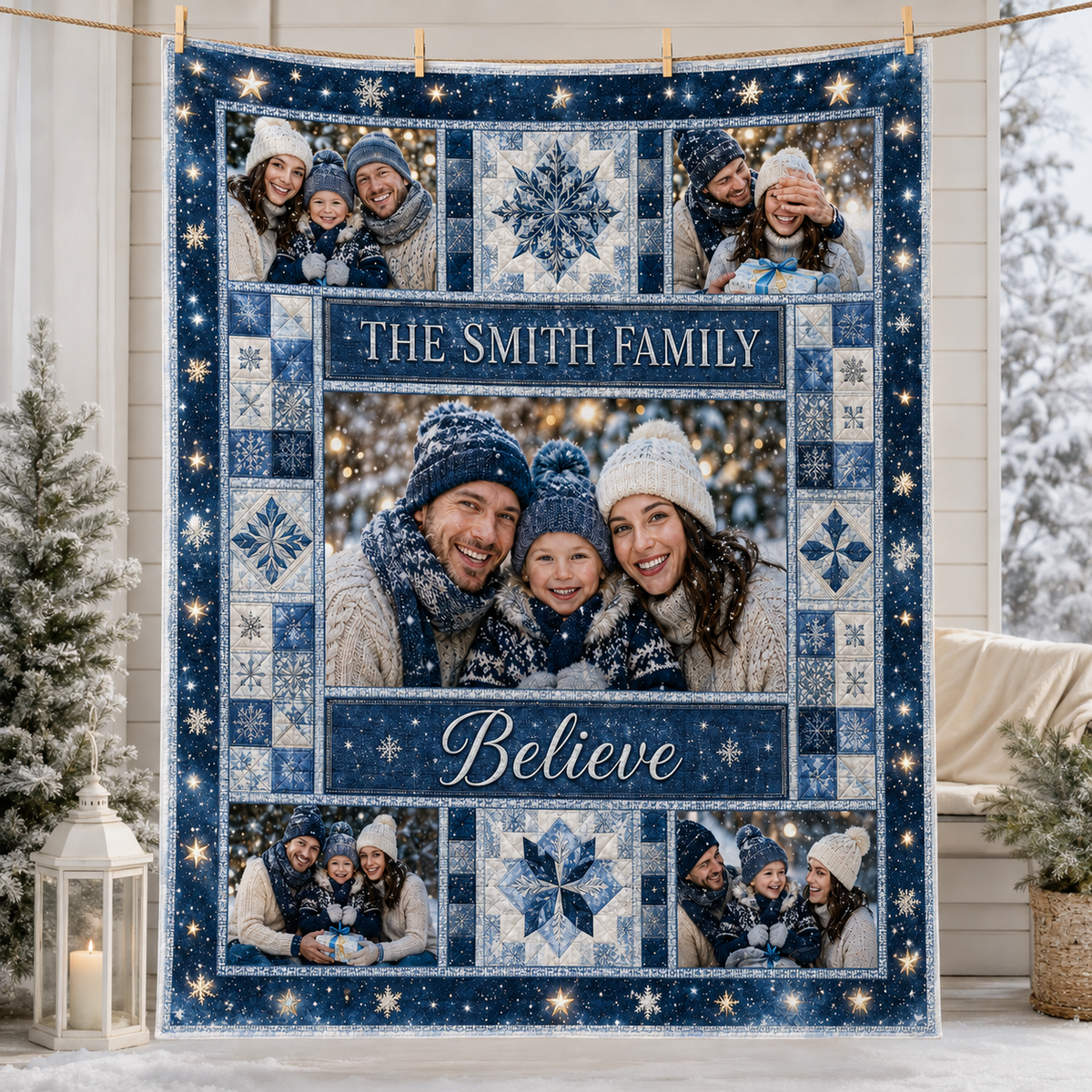blue personalized family portrait blanket displayed on a porch