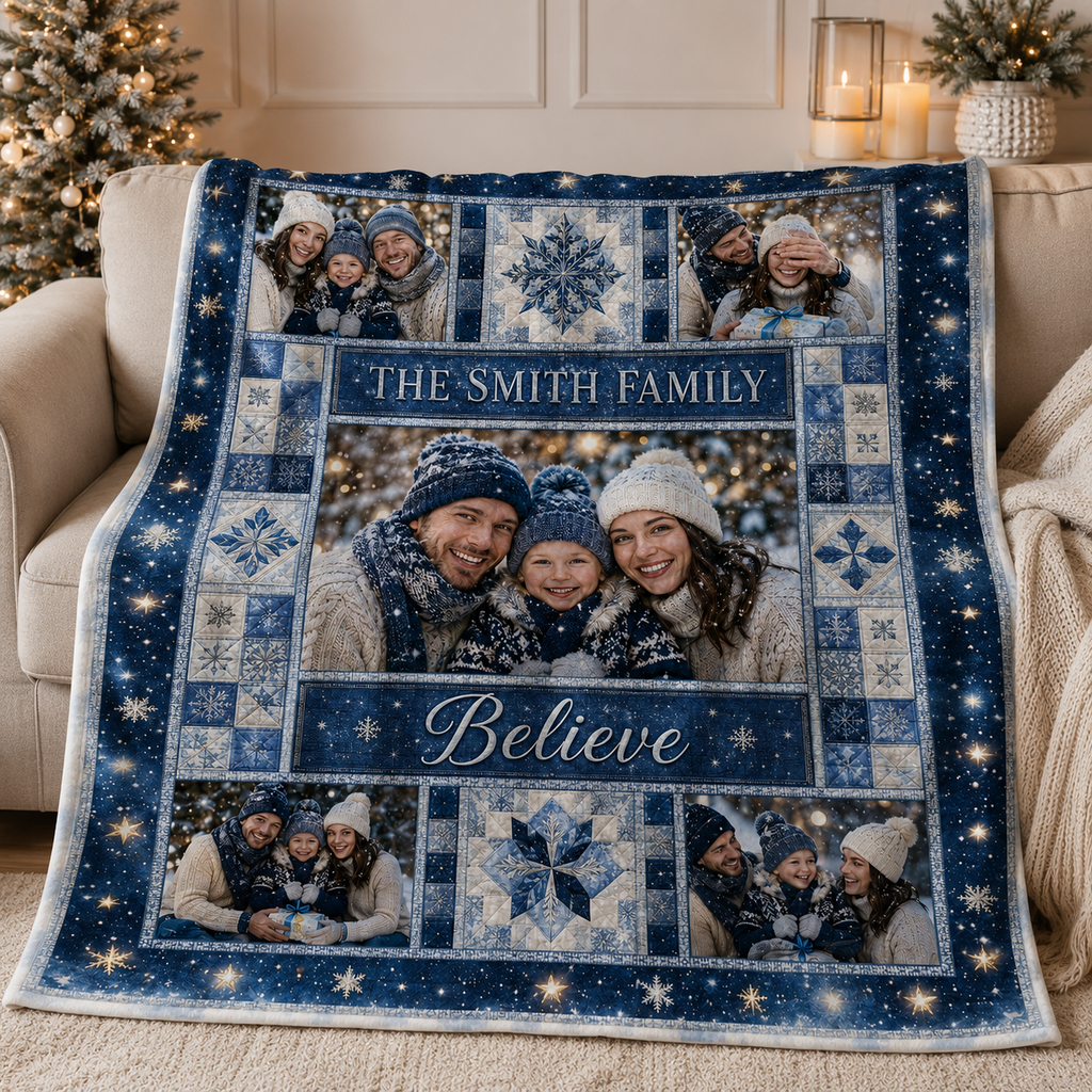 plush custom photo throw blanket draped over a beige armchair