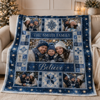plush custom photo throw blanket draped over a beige armchair